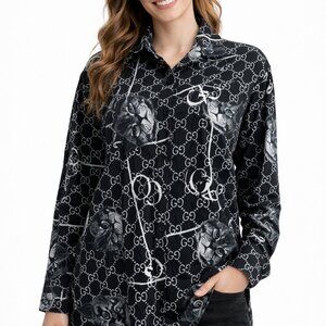Jinruifushion Womens Large Top Black Cat Print Silk Lined Long Sleeve Collared